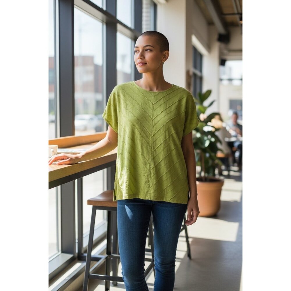 Isaac Mizrahi Live Lime Green Textured‎ Chevron T-Shirt Top XXS